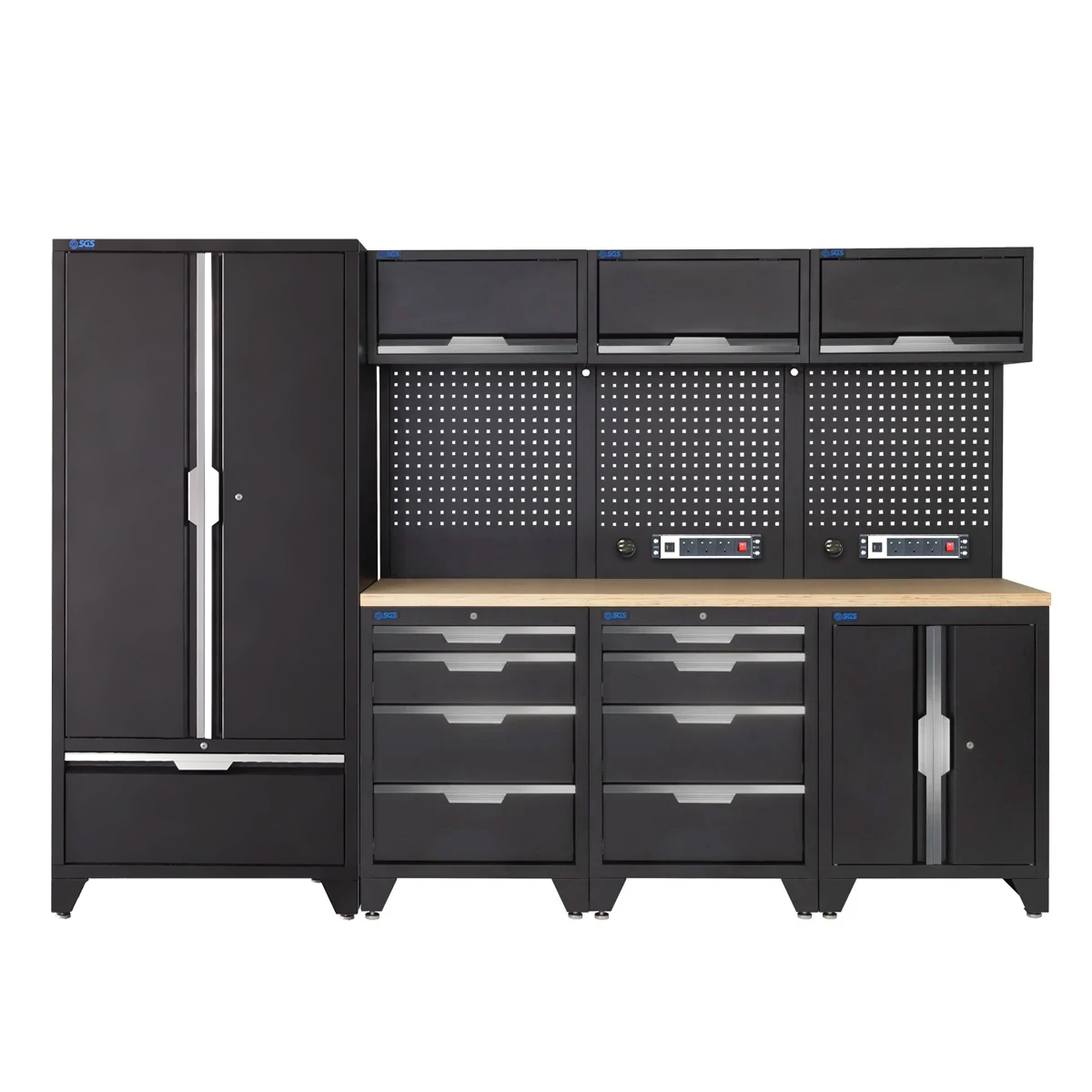 SGS 10pc Garage Storage System | 8 Drawers | Pressed Wood Worktop | Tall Double Cabinet with Drawer | Floor Cabinet | 3x Upper Cabinets | 2x Pegboards with Power Strip